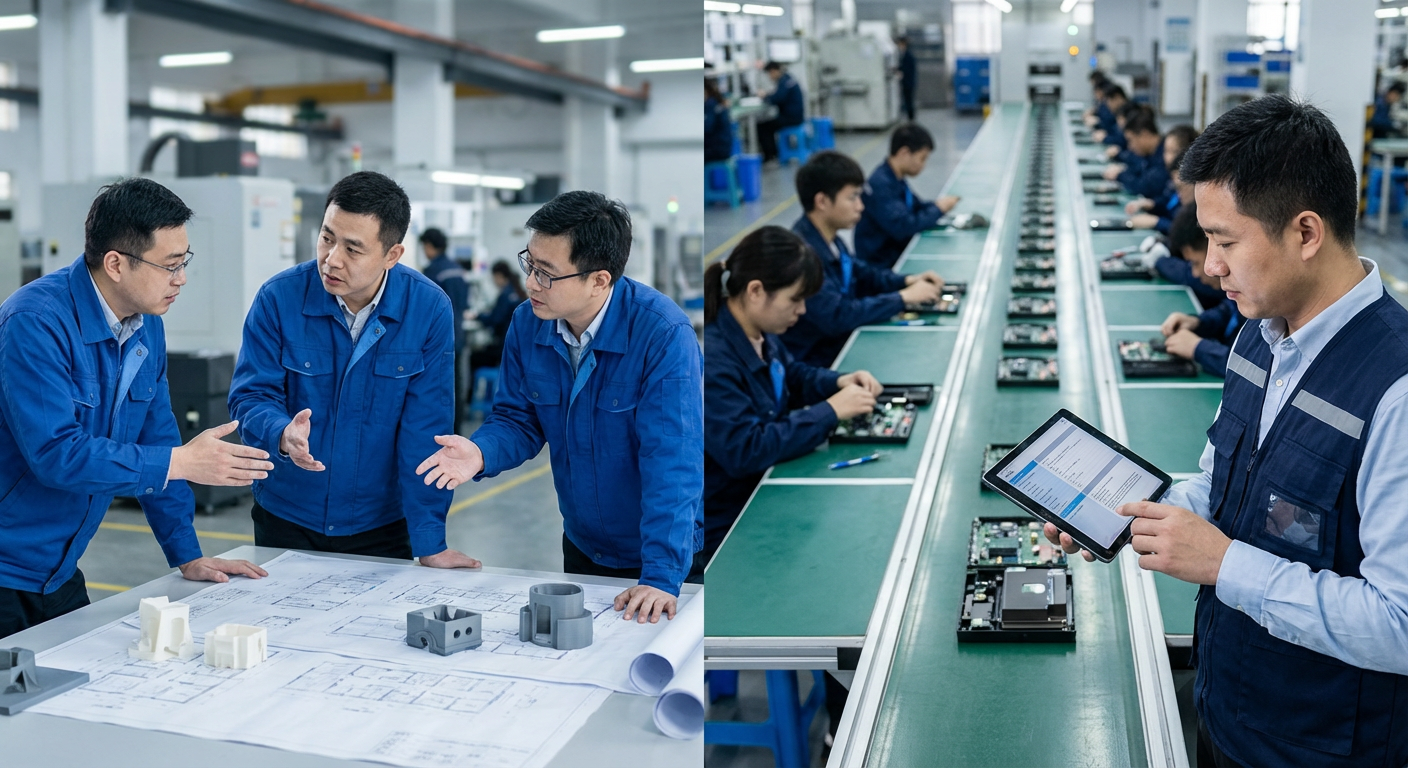 Factory production line showing custom manufacturing and product assembly